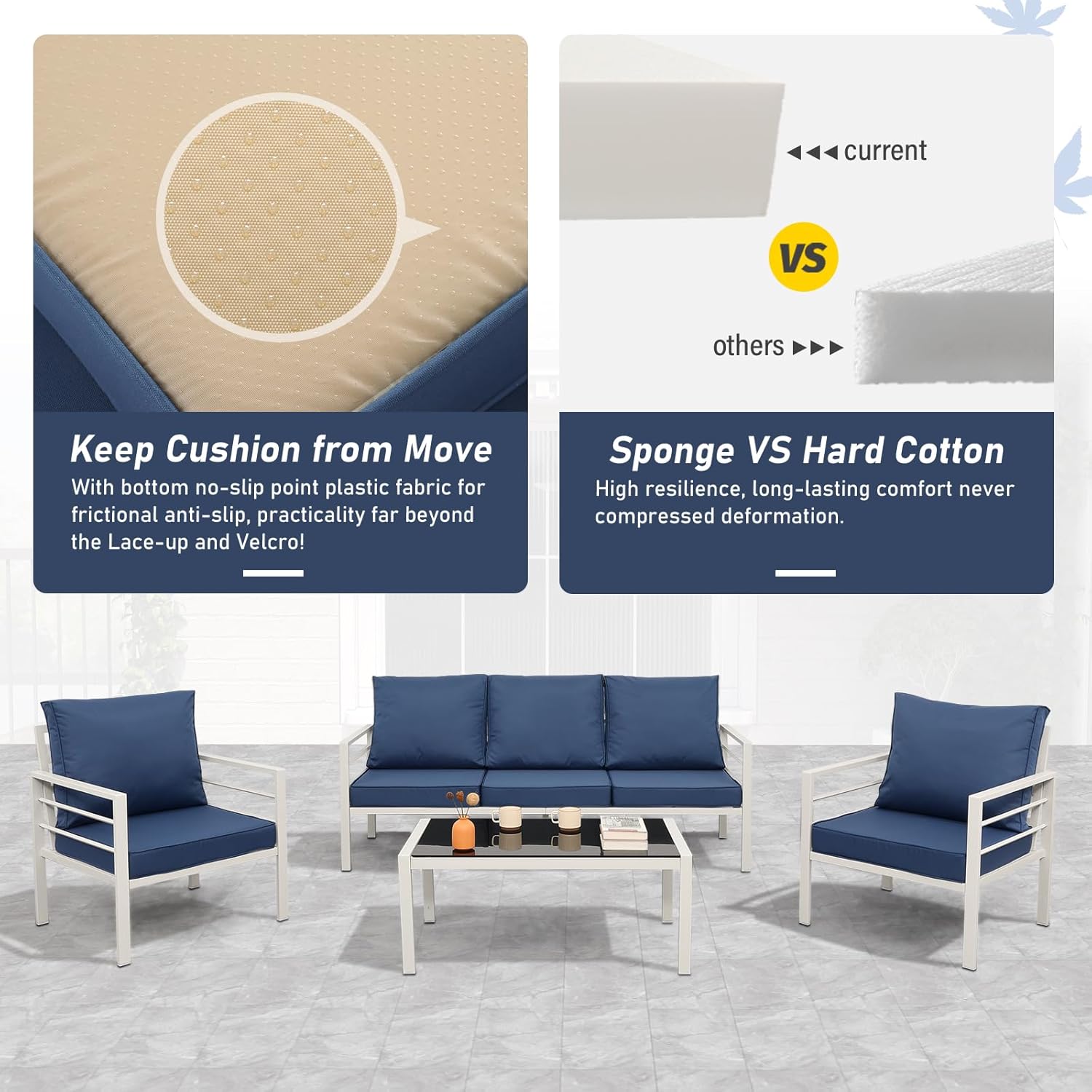 Patio Furniture Set 4 Pieces Outdoor Furniture White Metal Frame Patio Couch Outdoor Chairs Glass Coffee Table with No-Slip Cushions and Waterproof Covers, Navy Blue