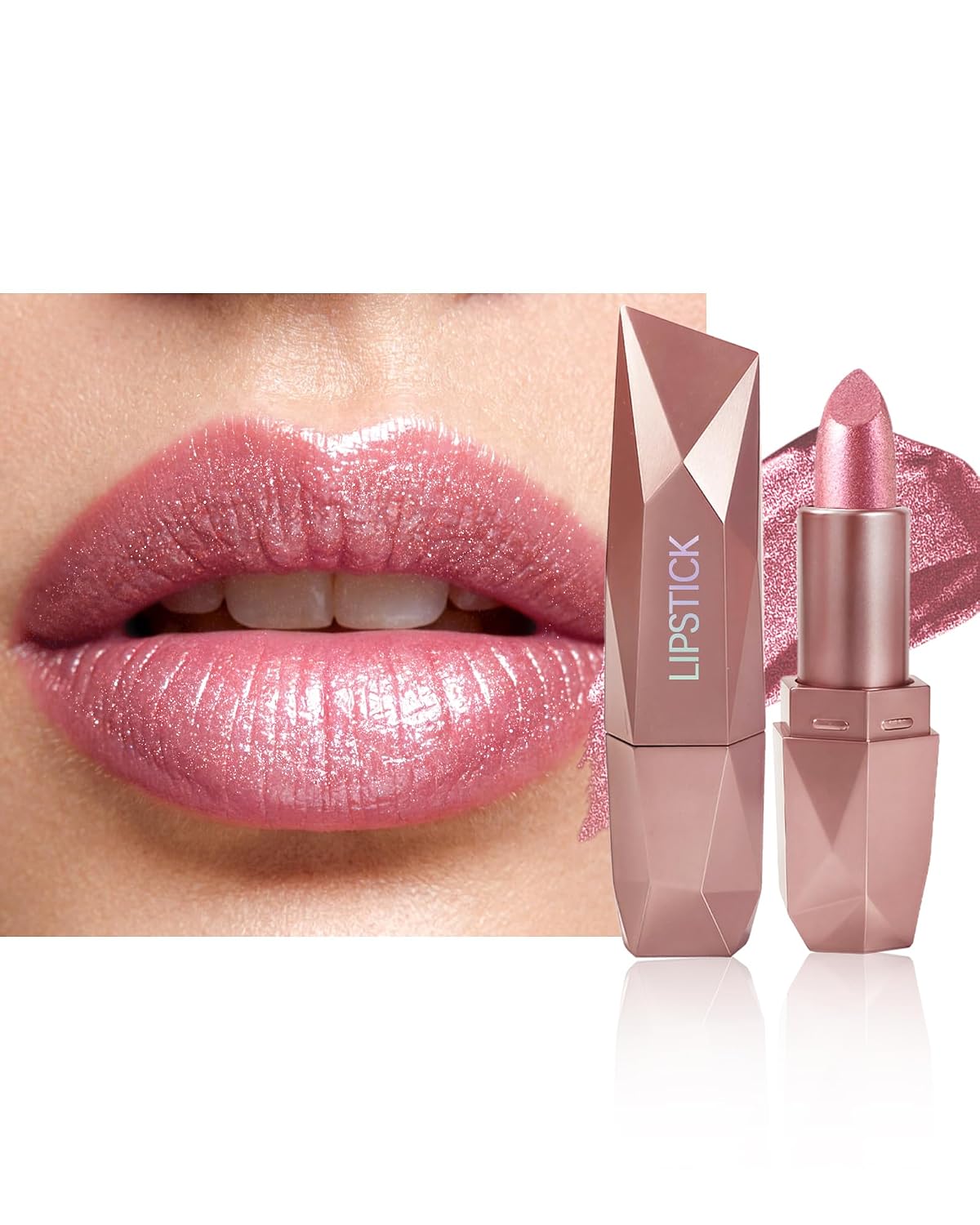 Pink Glitter Lipstick for Women, Metallic Shimmer Long Lasting Lip Gloss