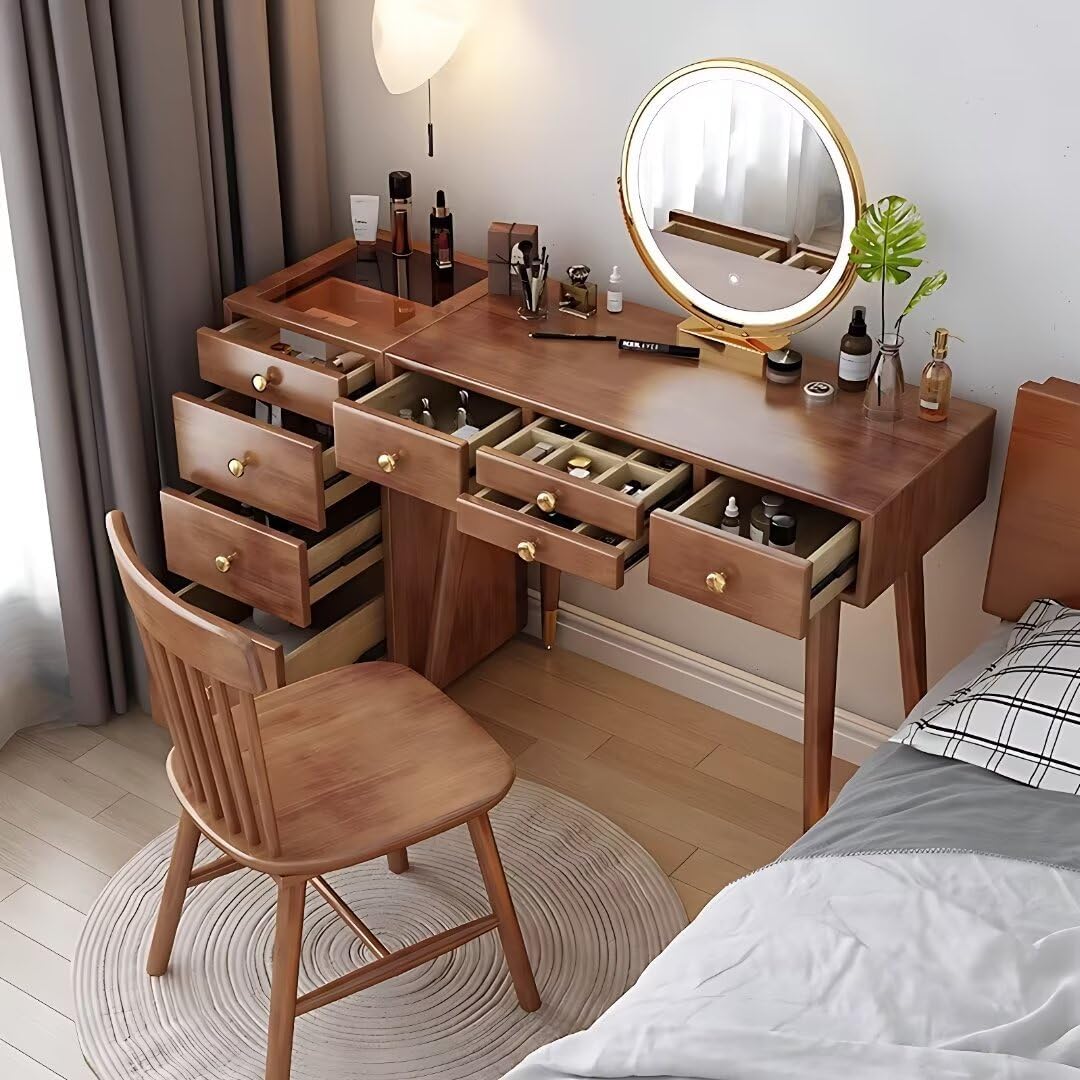 Solid Wood Makeup Vanity Desk - Luxury Dressing Table with Mirror and LED Lights, Vanity Set Include Side Cabinet & Storage Drawers and Makeup Chair for Bedroom (Walnut Color,39'') 39IN
