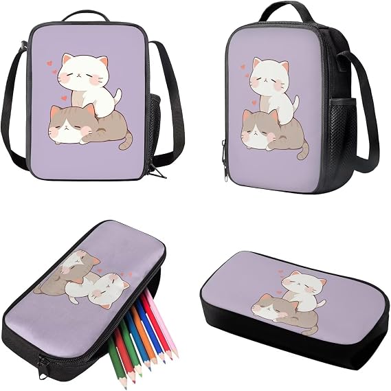 HUIACONG Cat Backpack for Girls 8-10/10-12 Kitten School Bookbag with Lunch Box Pencil Case