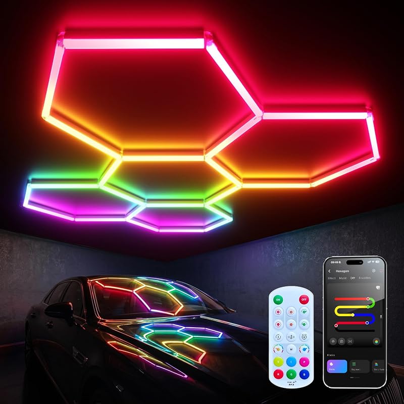 Luces de garaje hexagonales RGB 5 hexagonales, luces hexagonales LED RGB de señal dúplex con modo de sincronización de música, luces de techo RGB de fácil configuración para garaje, gimnasio, sala de juegos, estudio, fiesta, bar