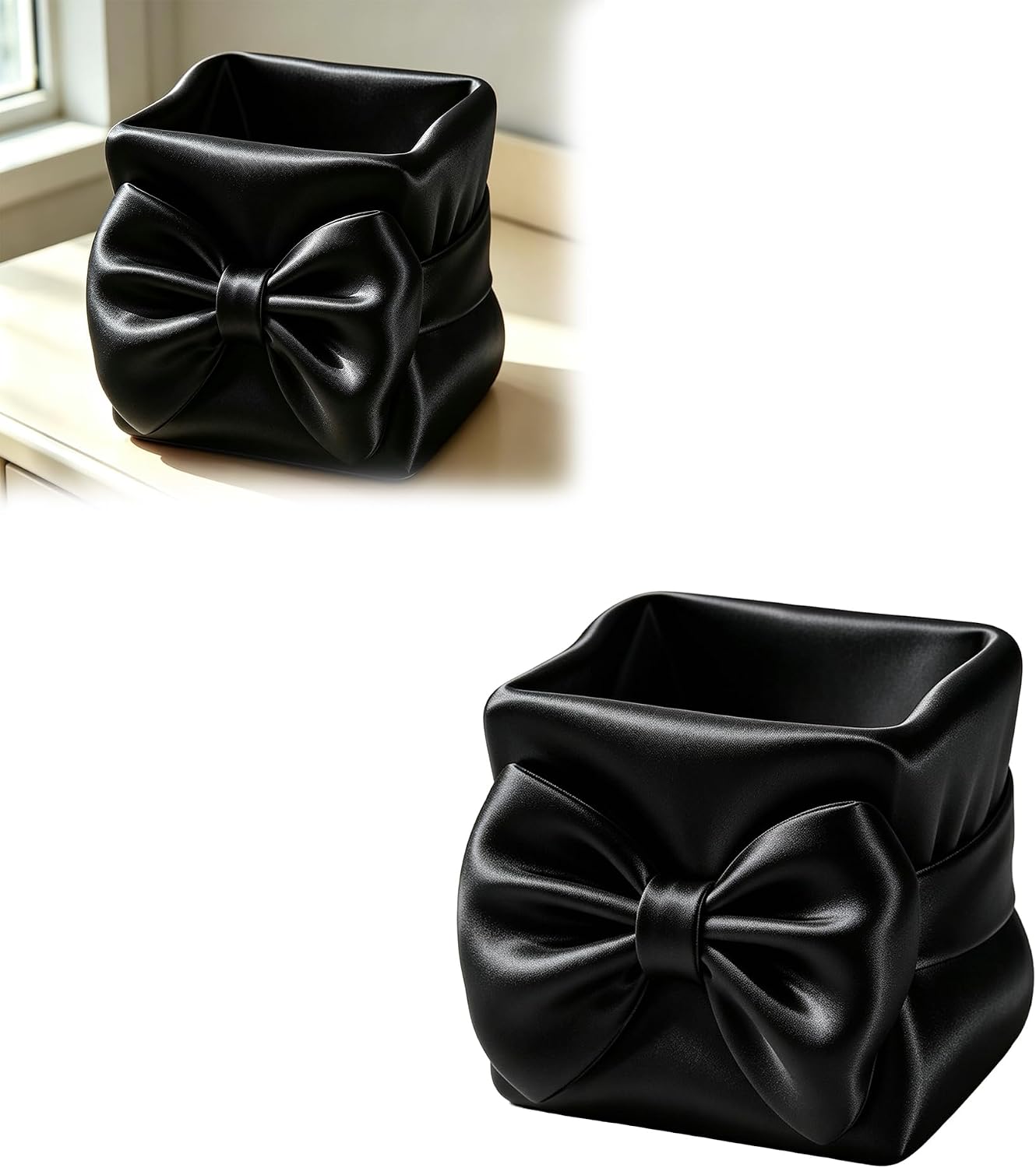 Bow Decor Storage Bin, Decorative Vanity Organizer, Cosmetic Holder (Black)