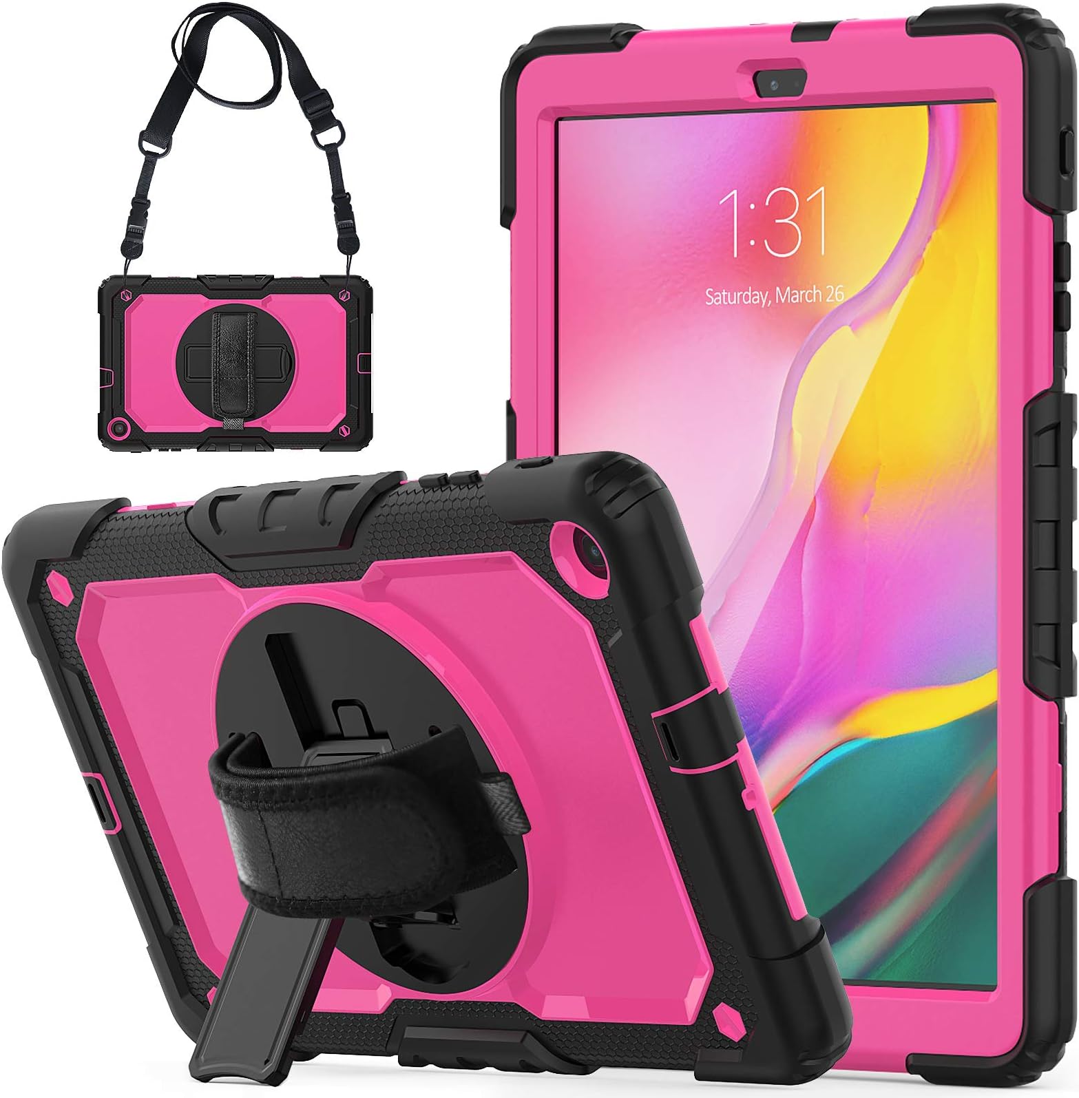 SEYMCY Galaxy Tab A 10.1 2019 SM-T510/T515 Case Heavy Duty Shockproof Protective Case 360 Degree Rotating Stand, Hand Strap Shoulder Strap Case for Tab A 10.1 2019 SM-T510/T515 (Black/Pink)