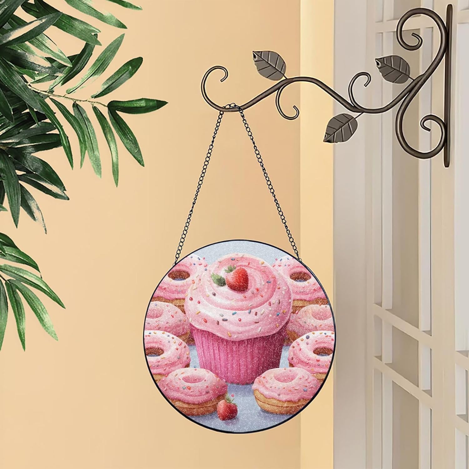 Stained Glass Window Hanging 6in（15cm）, Cupcake Glass Suncatcher for Home Decor, Indoor Wall Art Glass Panel with Metal Chain and Hooks, Sun Catcher Ornament Birthday Gifts