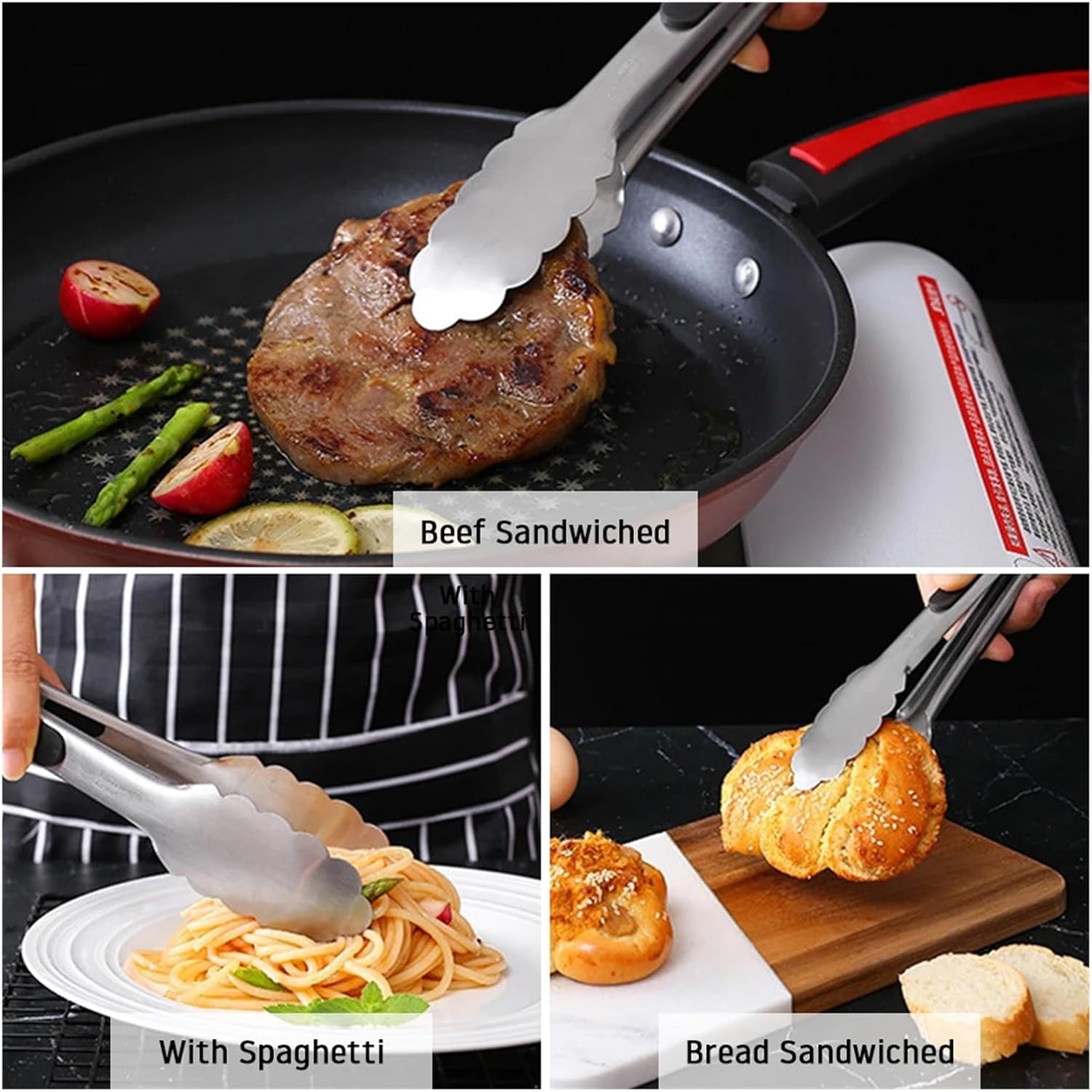 9/12/16 Inch Long BBQ Tongs Non-Slip Handle Stainless Steel Fried Barbecue Clip Salad Bread Clamp Kitchen Tools Meat(16 inch)
