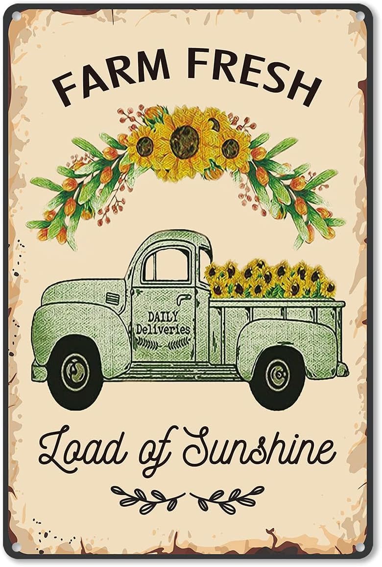 rayprint Retro Farm Fresh Load of Sunshine Sunflower Metal Tin Sign Wall Decor Vintage Sunflower Tin Sign for Home Living Room Kitchen Outdoor Decor Gifts 8x12 Inch