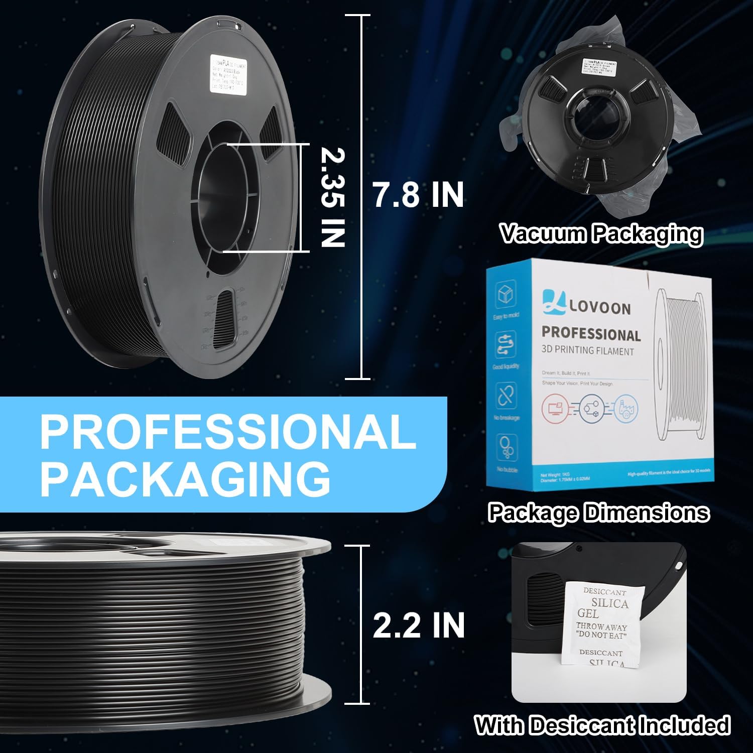 LOVOON PLA Filament 1.75mm Black 2kg, 3D Printer Filament Dimensional Accuracy +/- 0.02mm, Neatly Wound 3D Printing Filament, Fit Most FDM 3D Printers, 1KG Spools(2.2lbs) X 2