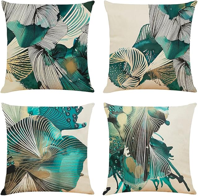 meioro Leaf Pattern Cushion Covers Pack of 4, 45 x 45 cm Pillow Cover Cotton and Linen Pillow case, Decorative Throw Pillow Covers for Couch Bed Car Living Room (Green Leaf 3)