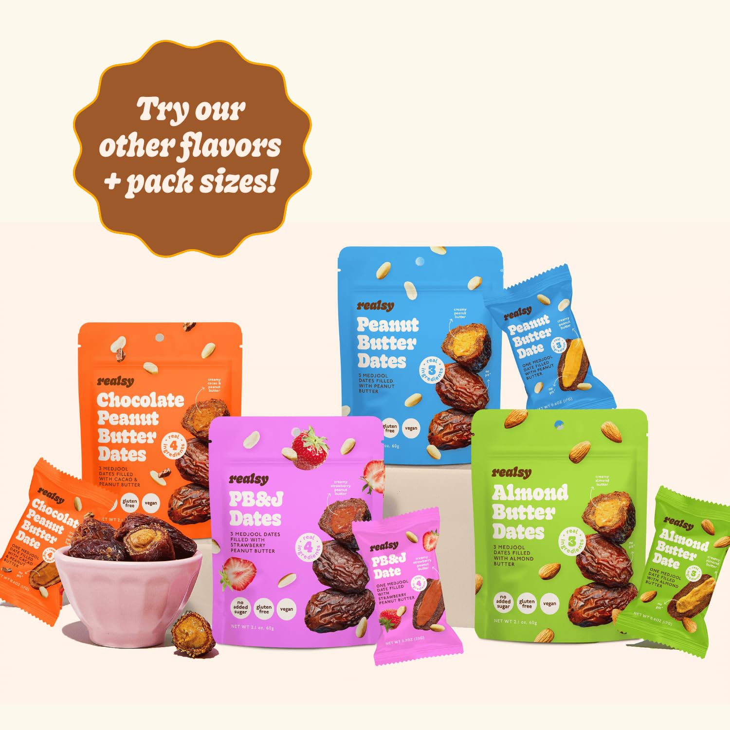 Realsy Peanut Butter and Jelly Stuffed Medjool Dates, Organic Dates with No Sugar Added, Gluten-Free, Vegan, All Natural Healthy Snack Single Wrapped (40 ct) (Strawberry Peanut Butter)
