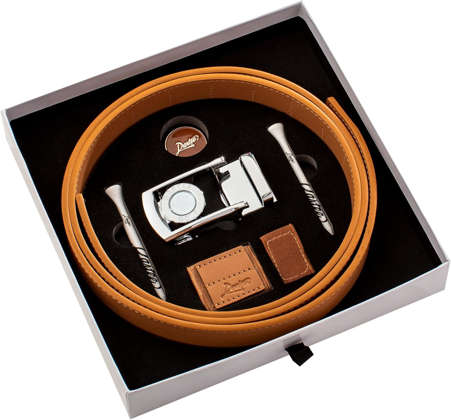 Dartee Men’s Golf Belt – Leather Ratchet Belt with Ball Marker, One-Size Adjustable Fit, Course and Casual Wear