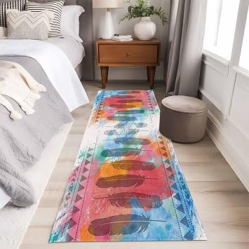2x6 Runner Rug, Medi-eval Feather, Washable Rug for Living Room Non Slip TPR Backing, Bohemia Abstract Geometric Shabby Chic Art Low Pile Indoor Carpet Area Rugs for Bedroom, Kitchen, Bathroom, Office
