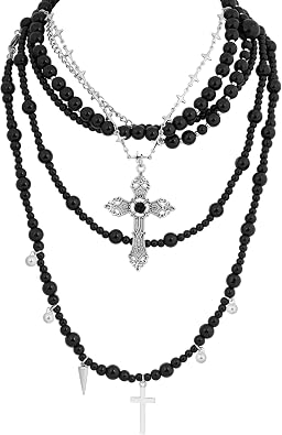 Sacina Layered Black Imitaiton Pearl Cross Choker Necklace, Black Choker, Gothic Punk Grunge Emo Necklace, Goth Jewelry, Christmas Jewelry Gift for Women