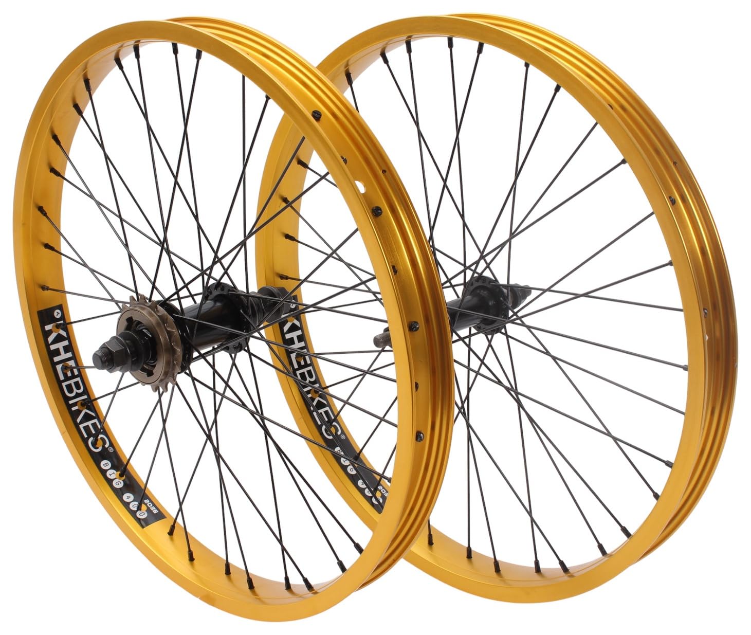 KHE Prism BMX Wheelset 20" - Gold - Front & Rear Wheel - 14mm/10mm Axle - 16T Freewheel - 36H - 7005 Aluminium Rims