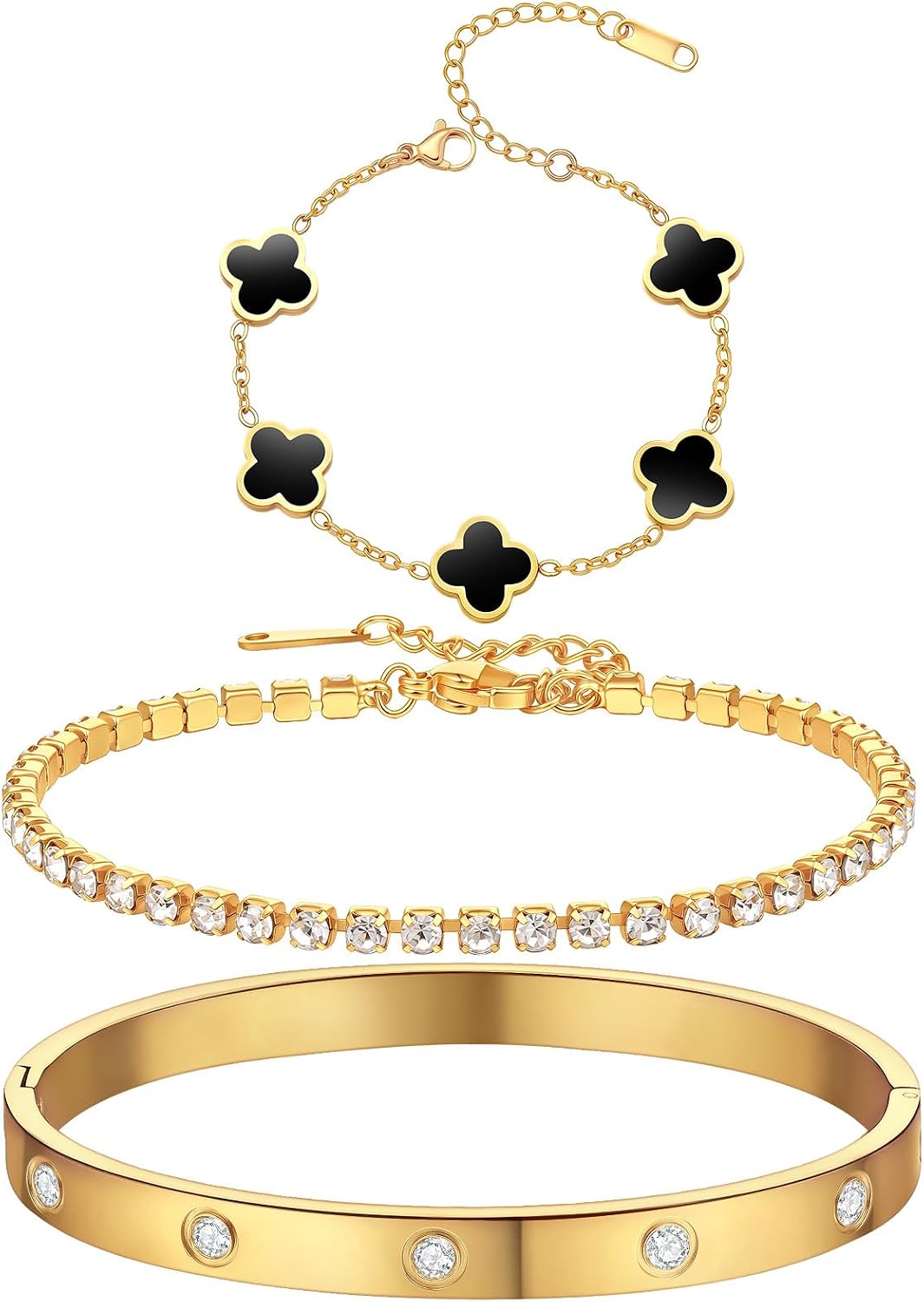 PDWZNBA 18K Gold-Plated Bracelet Set – Floral Clover, Tennis, Twist Cuff, Classic Gold-plated Bangle Stainless Steel, Non Tarnish, Stackable Bracelet Gift for Women