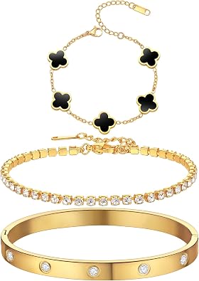 PDWZNBA 18K Gold-Plated Bracelet Set Floral Clover, Tennis, Twist Cuff, Classic Gold-plated Bangle Stainless Steel, Non Tarnish, Stackable Bracelet Gift for Women