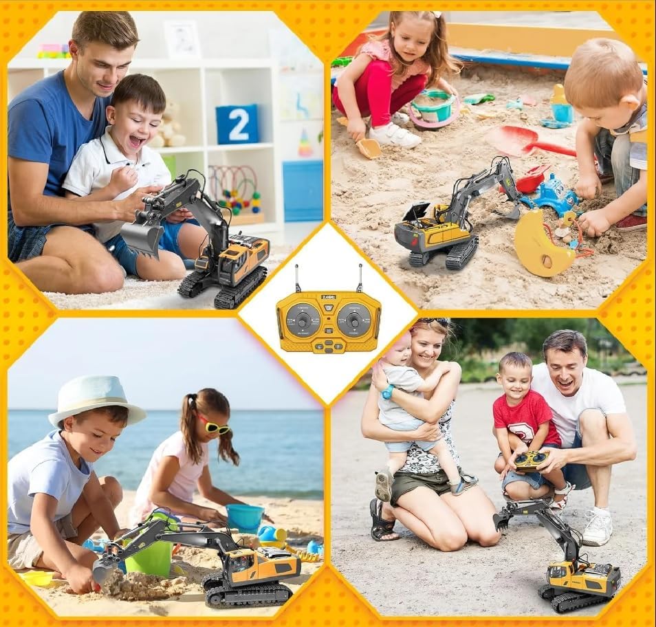 KAHUMBO New Radio Control J-C-B Excavator Toy for 6-12 Yr Boys, Best Birthday Gifts for Kids 7 8 9 10 11 Year Old, Rc Construction Toys with Metal Shovel, Lights, Sounds 2.4Ghz, Multi Color