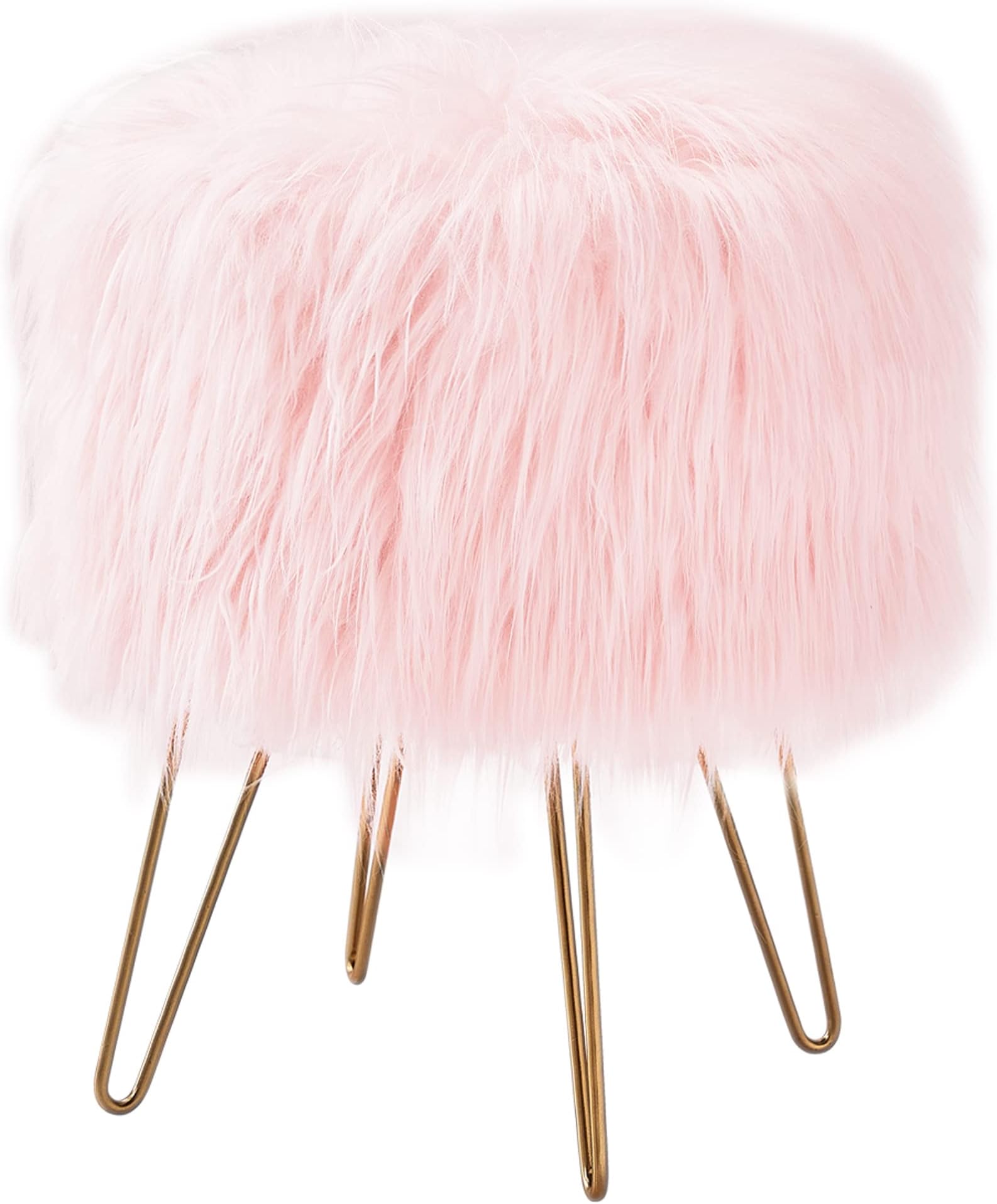 Faux Fur Vanity Stool Upholstered Ottoman Fluffy Stools Round Footstool Vanity Stool for Dressing Table with Golden Metal Legs, Extra Seat for Living Room Bedroom Decorative Furniture (Pink, 1)