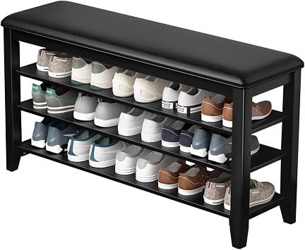 Taitiy Shoe Rack Bench with 3 Tier Adjustable Shelves Rubberwood Entryway