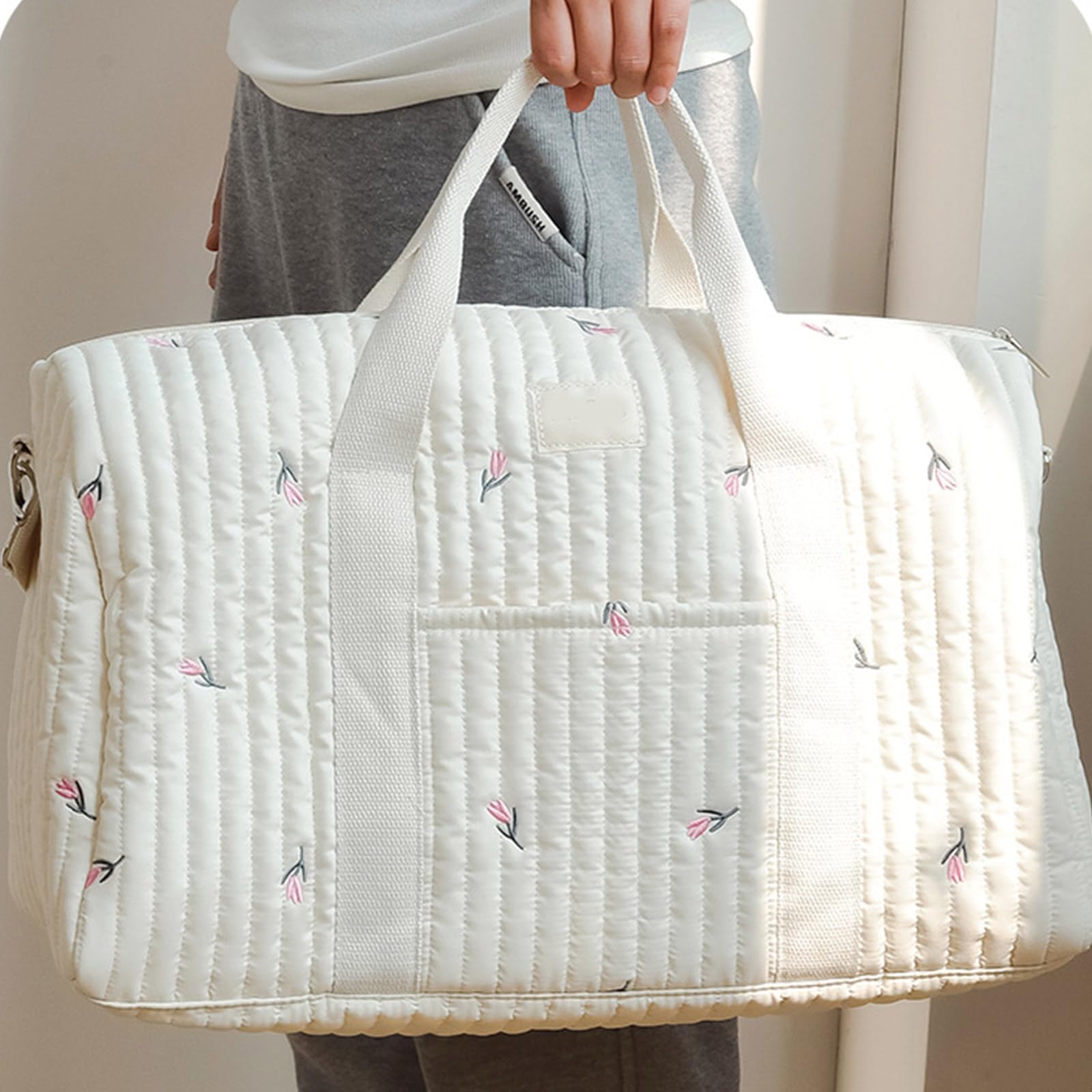 Amplia bolsa de pañales para mamá, bolsa de tela suave con detalles bordados para viajes y uso diario