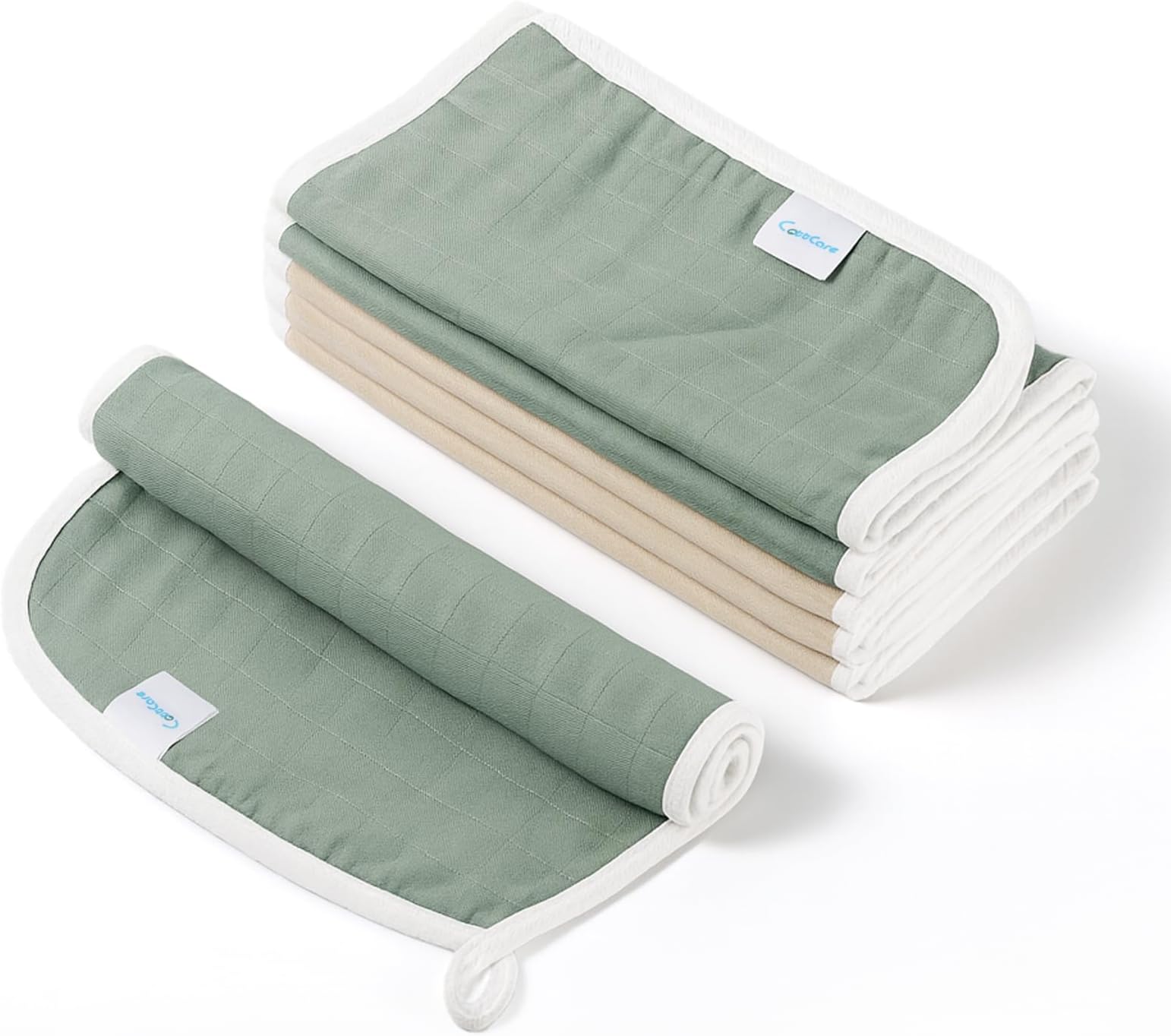 CottCare Muslin Baby Burp Cloths 6 Pack, Soft Skin Friendly 19.5" x 10.5" Burping Cloths for Newborns, Highly Absorbent Baby Essentials for Spit Up and Drool(Green Beige)