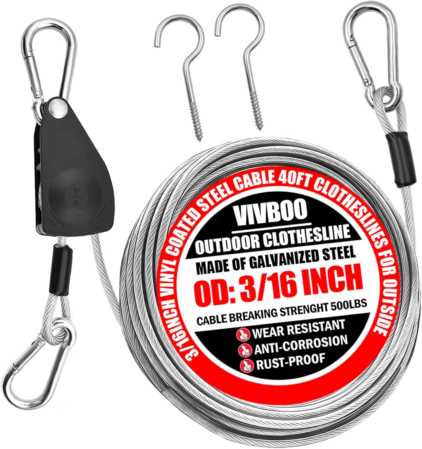 40ft Clothes Line Outdoors 3/16" Wire Ropes Silver PVC Coating Laundry Drying Clothesline Retractor with Metal Hooks Heavy Duty for Umbrella Travel Outside Camping Backyard