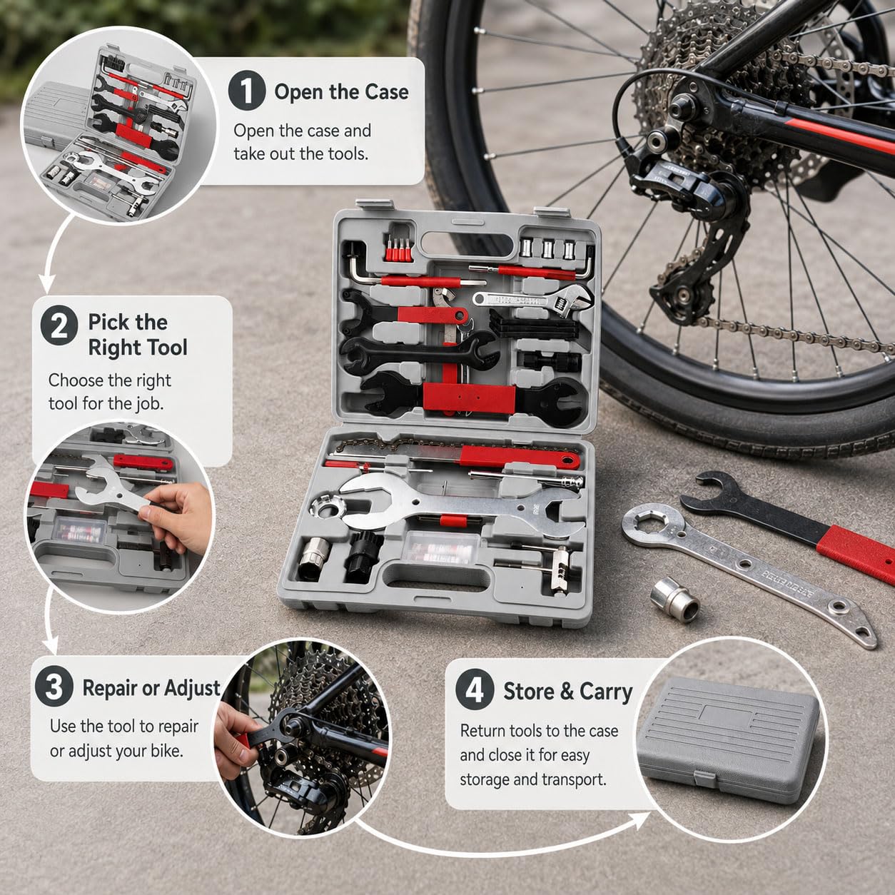 44 Pcs Kit de Réparation Vélo pour 3T | Outils Entretien Vélo | Multifonctionnel Portable Accessoires Route Atelier Maison Cyclisme | Avec Mallette de Rangement