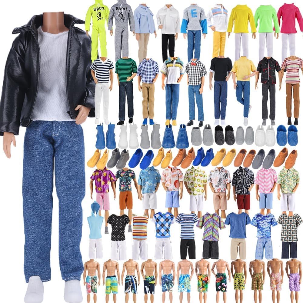 E-TING 10-Item Fantastic Pack = 5 Sets Fashion Casual Wear Clothes Outfit with 5 Pair Shoes for boy Doll Random Style (Leather Jacket + Casual Wear Clothes + Swimwear)