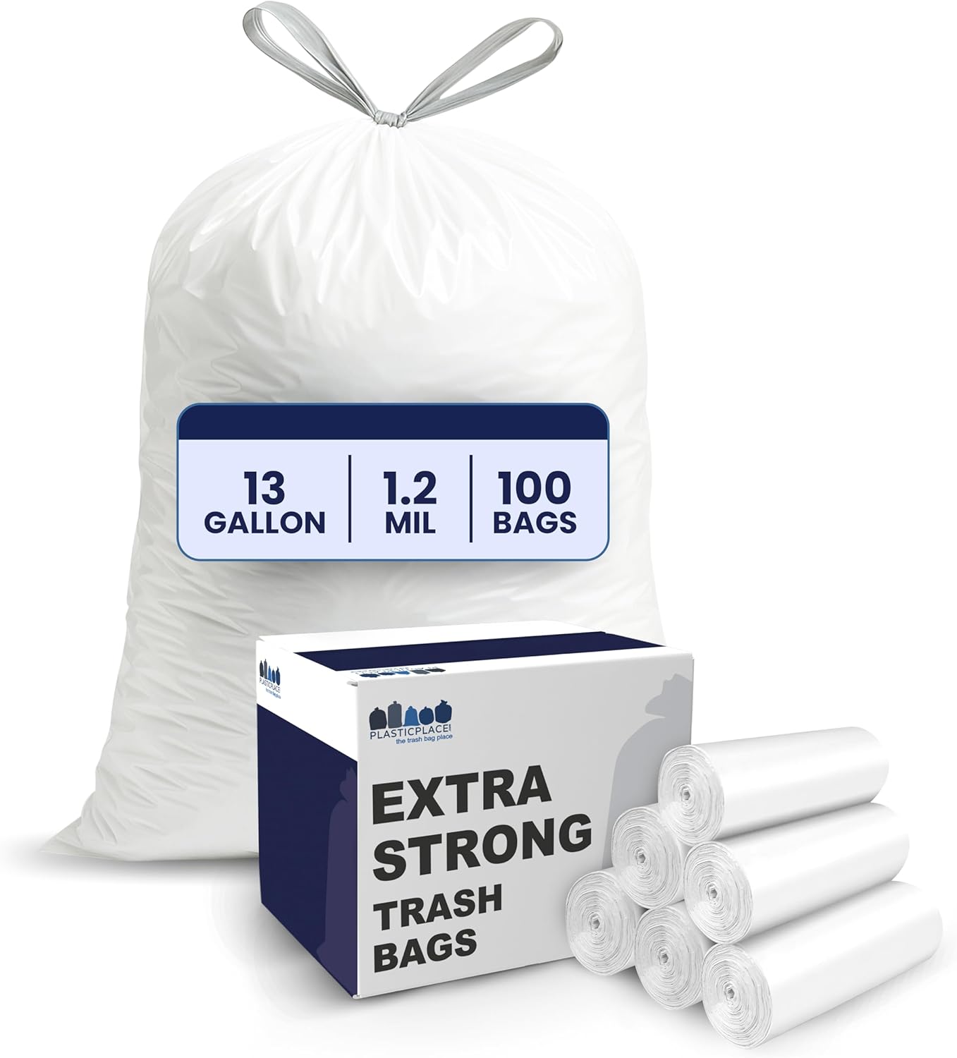 Plasticplace 13 Gallon Trash Bags 1.2 Mil White Drawstring Garbage Can Liners 24"x27 (100 Count)