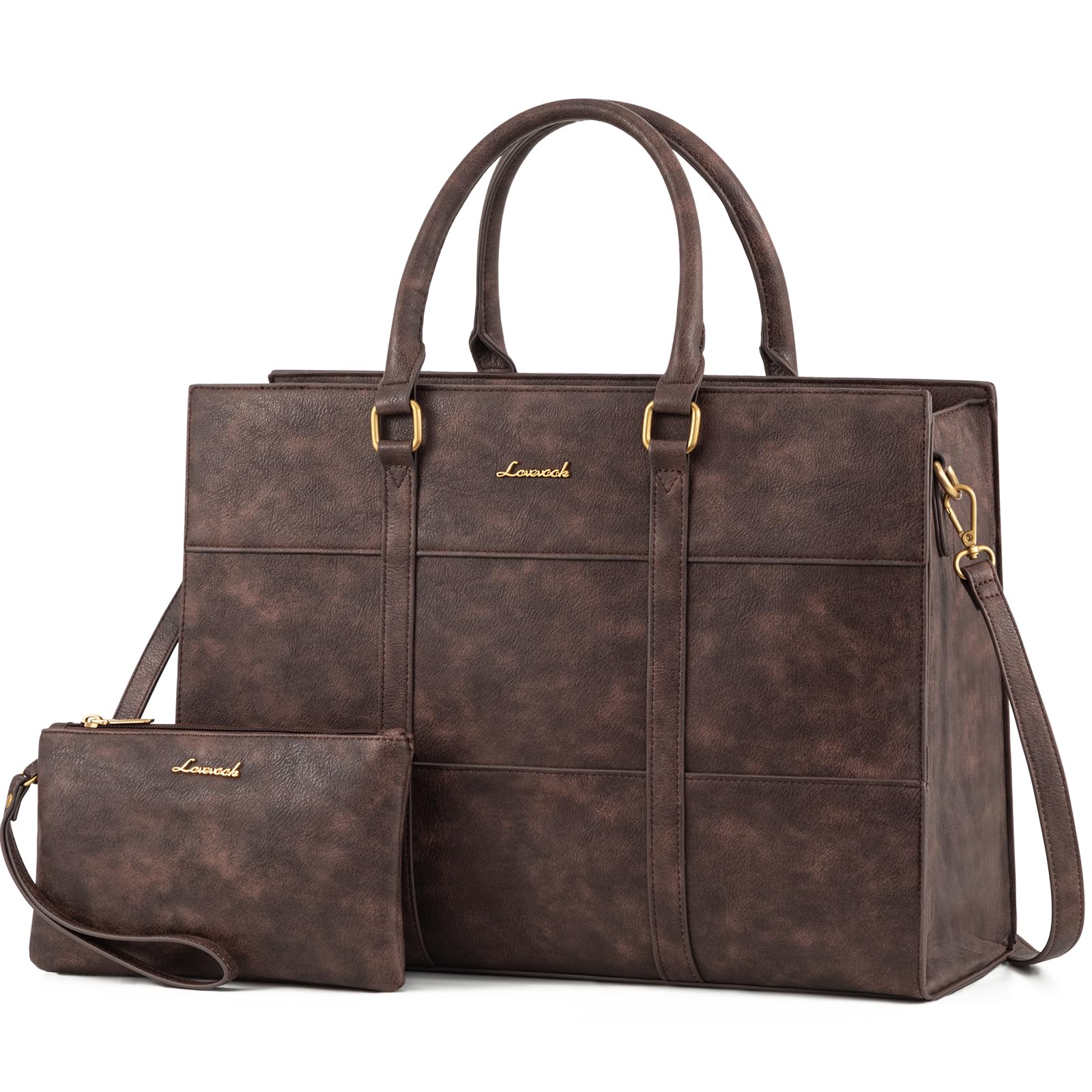 LOVEVOOK Laptop Bag for Women, 15.6 Inch Laptop Tote Bag, Vintage Leather Work Bags for Women, Waterproof Computer bag with Clutch Purse, Large