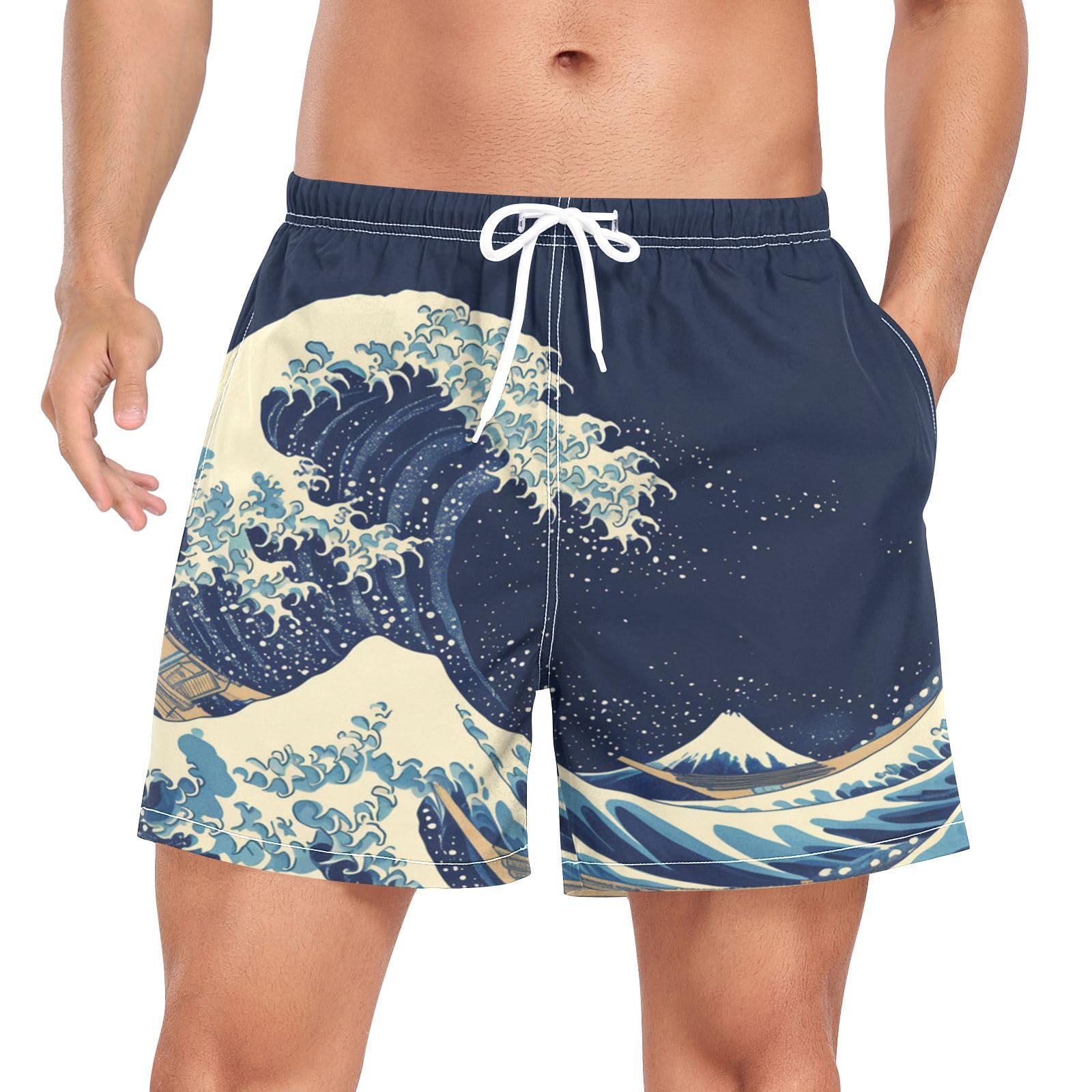 Wzzzsun Japanese Sea Wave Kanagawa Men's Swimming Shorts Quick Dry Trunks with Mesh Lining Beach Pants
