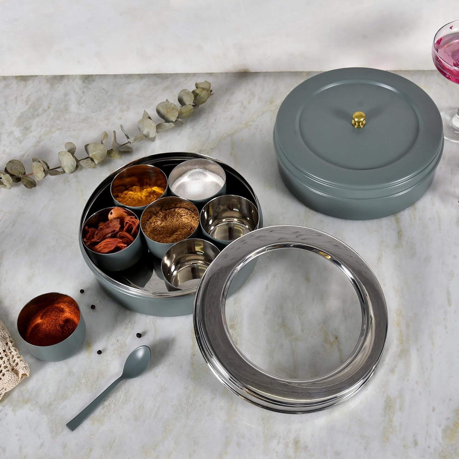 Elan Spice Box - Antique Gold Masala Dabba -12