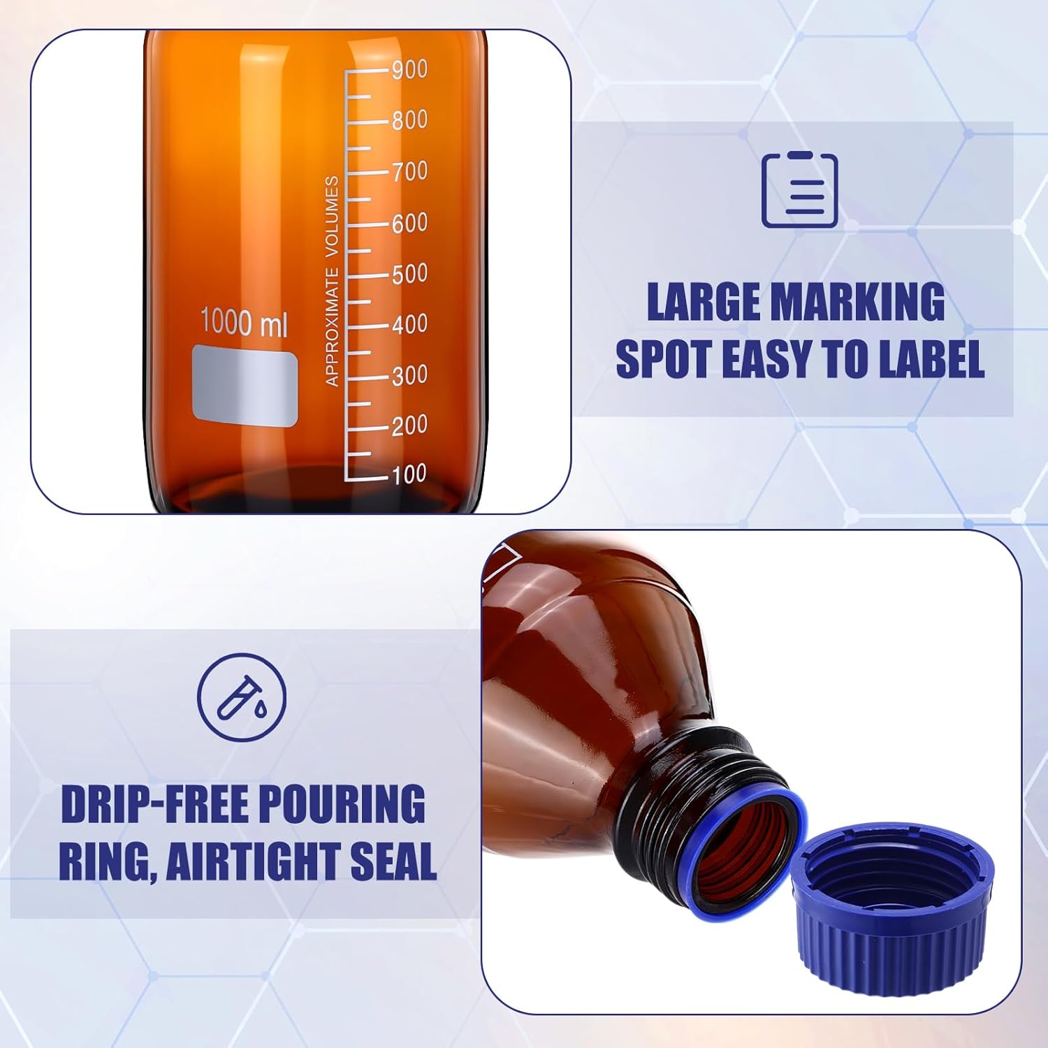 6 Pieces 1000 ml Reagent Media Bottles Amber Glass Graduated Round Lab Reagent Media Storage Bottle with Blue Screw Cap