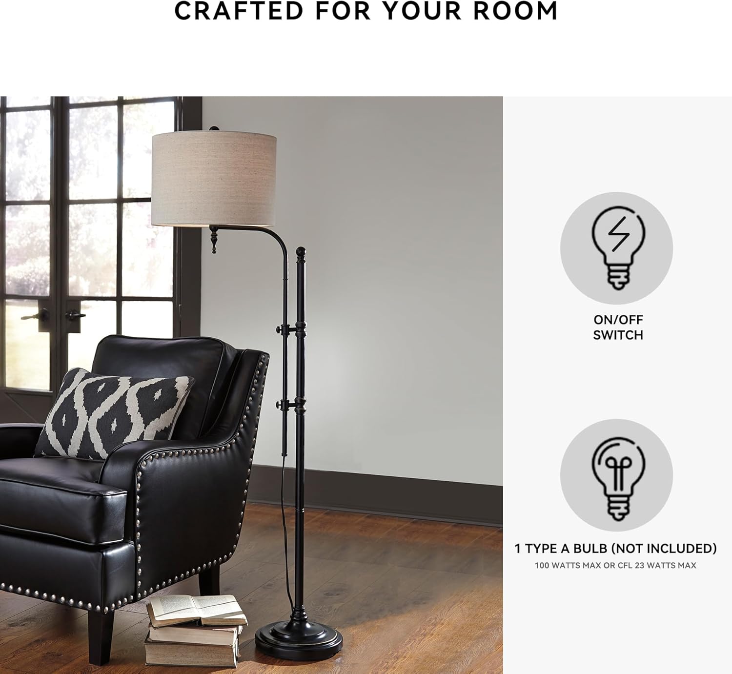 Signature Design by Ashley Anemoon Casual 64.63" Metal Floor Lamp with Adjustable Arm, Min. Height 54.88", Max Height 64.63", Fabric Drum Shade, Black