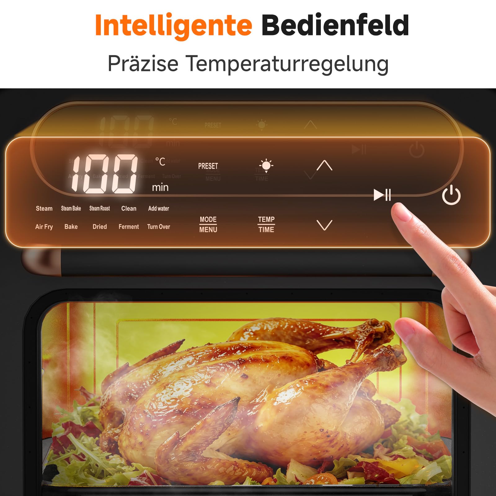 OUNIN 12L Multifunktionsbackofen, 8-in-1 Dampfbackofen und Heißluftfritteuse, Zweigaren, 360° Umluft, 1100W, Geeignet für Schweinehaxe, Bratwurst, Brathähnchen, Brotbacken, Fleisch und Gemüsedämpfen