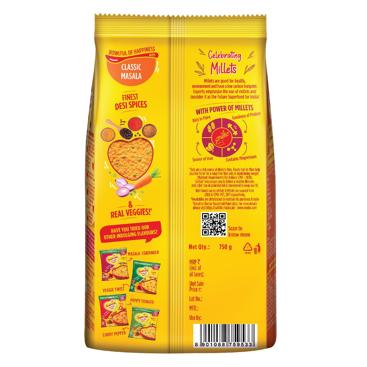 Saffola Masala Oats| 750g | Classic Masala | Tasty, Anytime Snack | Ready in 3 mins | Millets Goodness- with Bajra & Jowar | No maida, No added preservatives | helps manage weight - Image 3 thumbnail