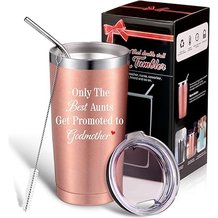 Only the Best Aunts Get Promoted to Godmother Mug Tumbler, Godmother Aunt Gifts for Birthday, Mothers Day, Christmas, Thanksgiving Day, Double Wall Vacuum Wine Tumbler Cup with Gift Box (Rose Gold)