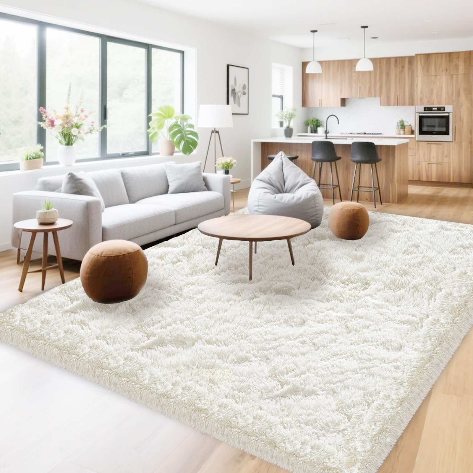 OuTanTe Hochflor Teppich Wohnzimmer 200x300cm, Creme Shaggy Flauschig Teppich, Kuschelteppich Wohnzimmerteppich High-Pile Carpet rutschfest, Modern Extra Groß Teppiche für Schlafzimmer Kinderzimmer