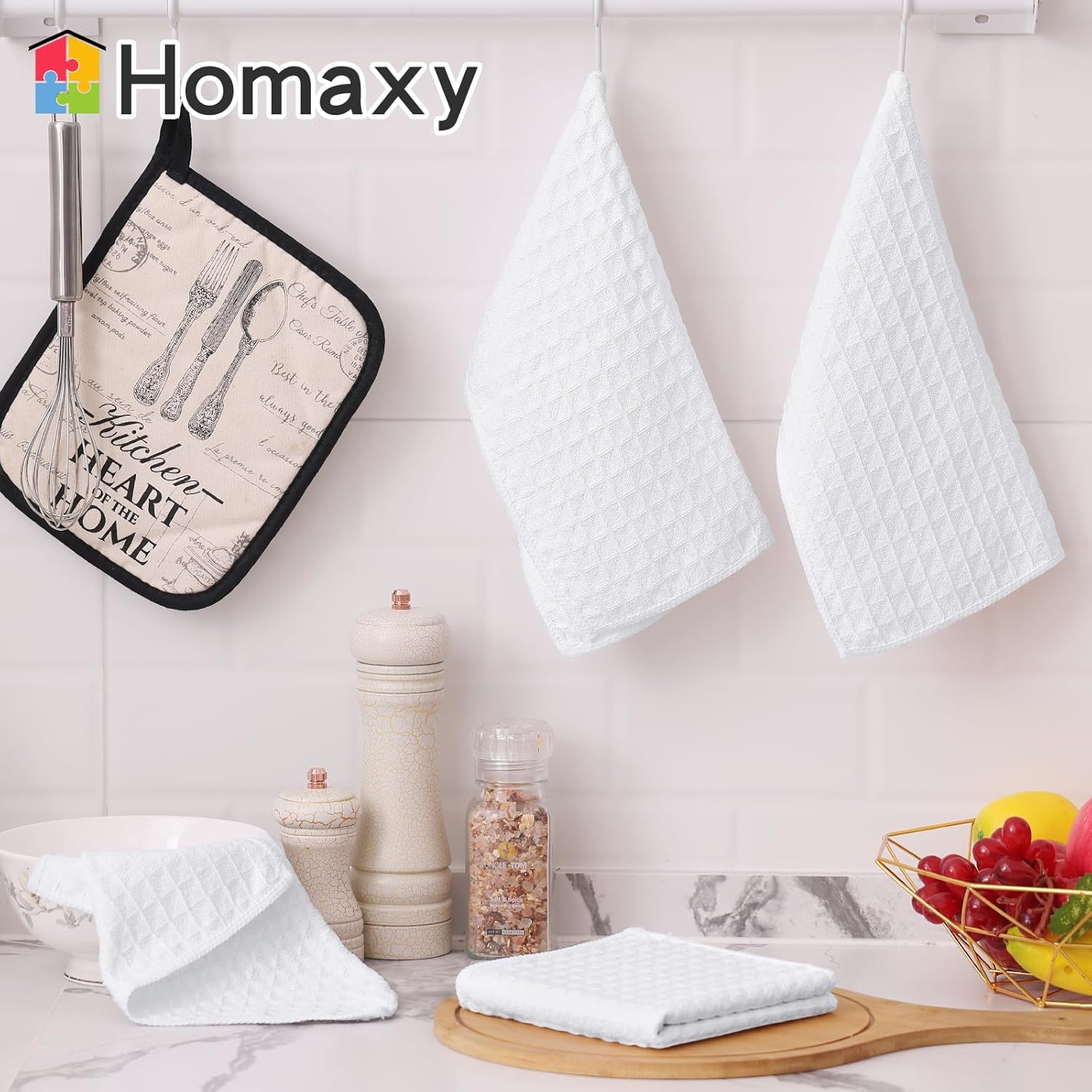 Homaxy Microfiber Waffle Weave Kitchen Towels Set, 16 x 28 Inch and 12 x 12 Inch Ultra Absorbent and Solid Color Dish Towels, 8 Pack, White - Image 5