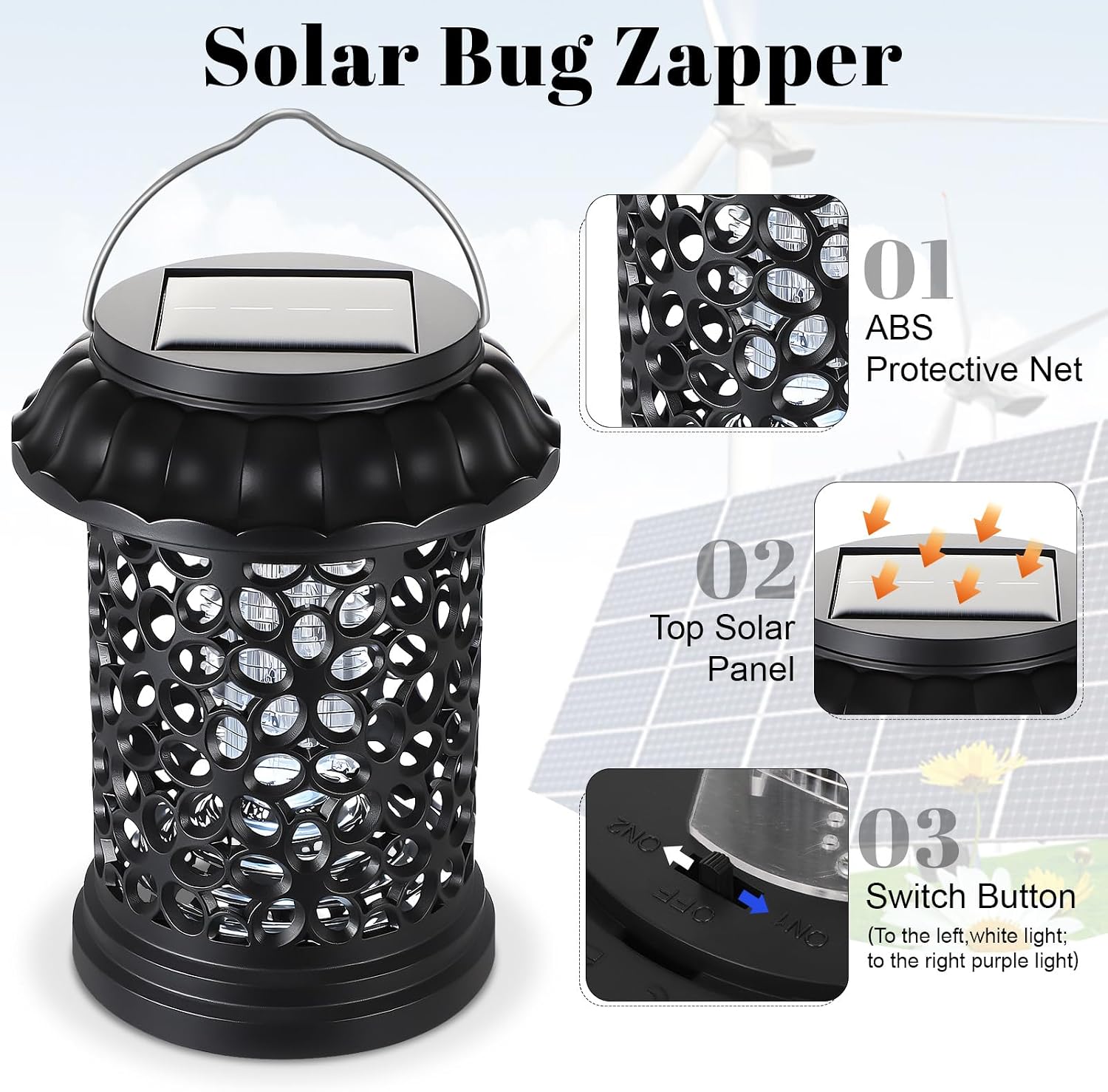 Qualirey 2 Pack Solar Bug Zapper for Outdoor & Indoor, UV Waterproof Mosquito Killer with 360° Protection, 3 in 1 Multi Functional Portable Solar Powered Fly Trap for Garden, Patio, Camping