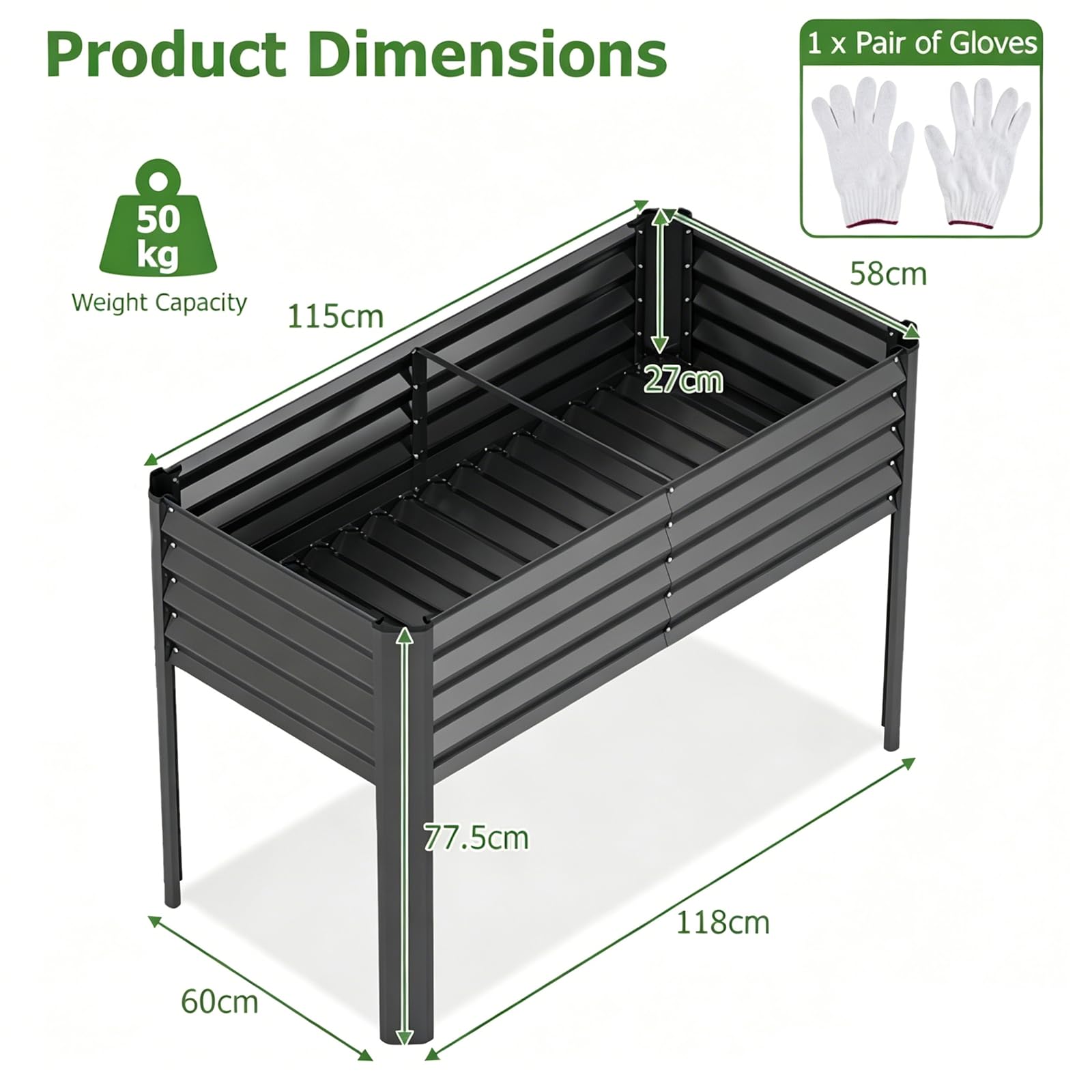 HOMASIS Potager sur Pieds en Métal, Jardinière Surélevée, avec Bords Arrondis, Système de Drainage, Charge 50KG, Carré Potager Surélevé pour Plantes, Fleurs, Légumes, 118 x 60 x 77,5 CM (Gris)