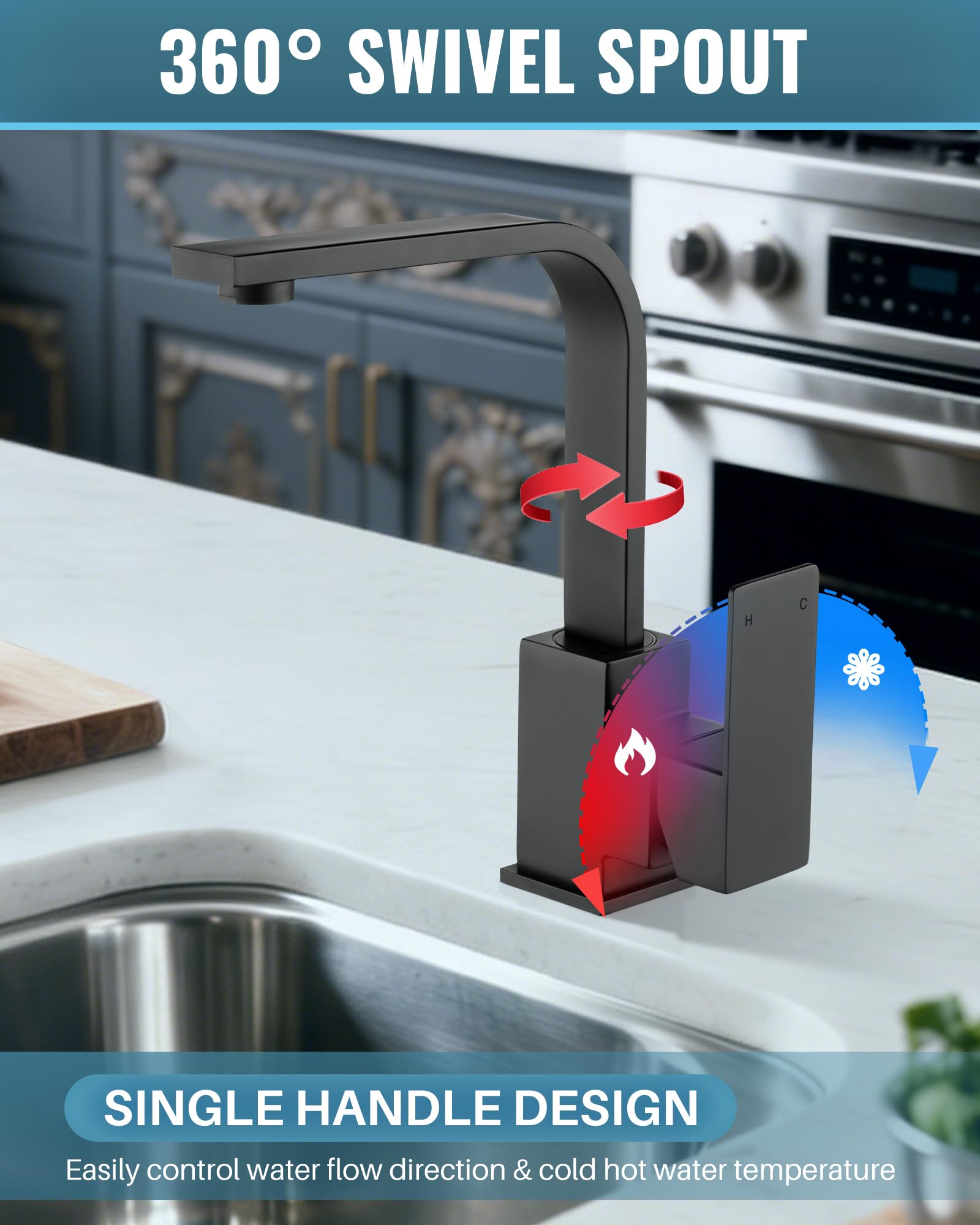 iVIGA rubinetto cucina, miscelatore lavabo girevole 360° Miscelatore cucina in acciaio inox con 2 tubi, miscelatore, lavabo con cartuccia in ceramica adatto per bagno, cucina, casa mobile