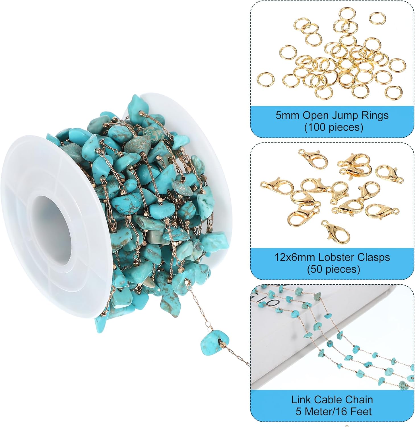 PATIKIL Copper Jewelry Chain, 16Ft Turquoise Blue Natural Stone Link Cable Chains for Necklace Earring Bracelet Findings Jewelry Making Trucker Hat Chains, Gold/Turquoise Blue