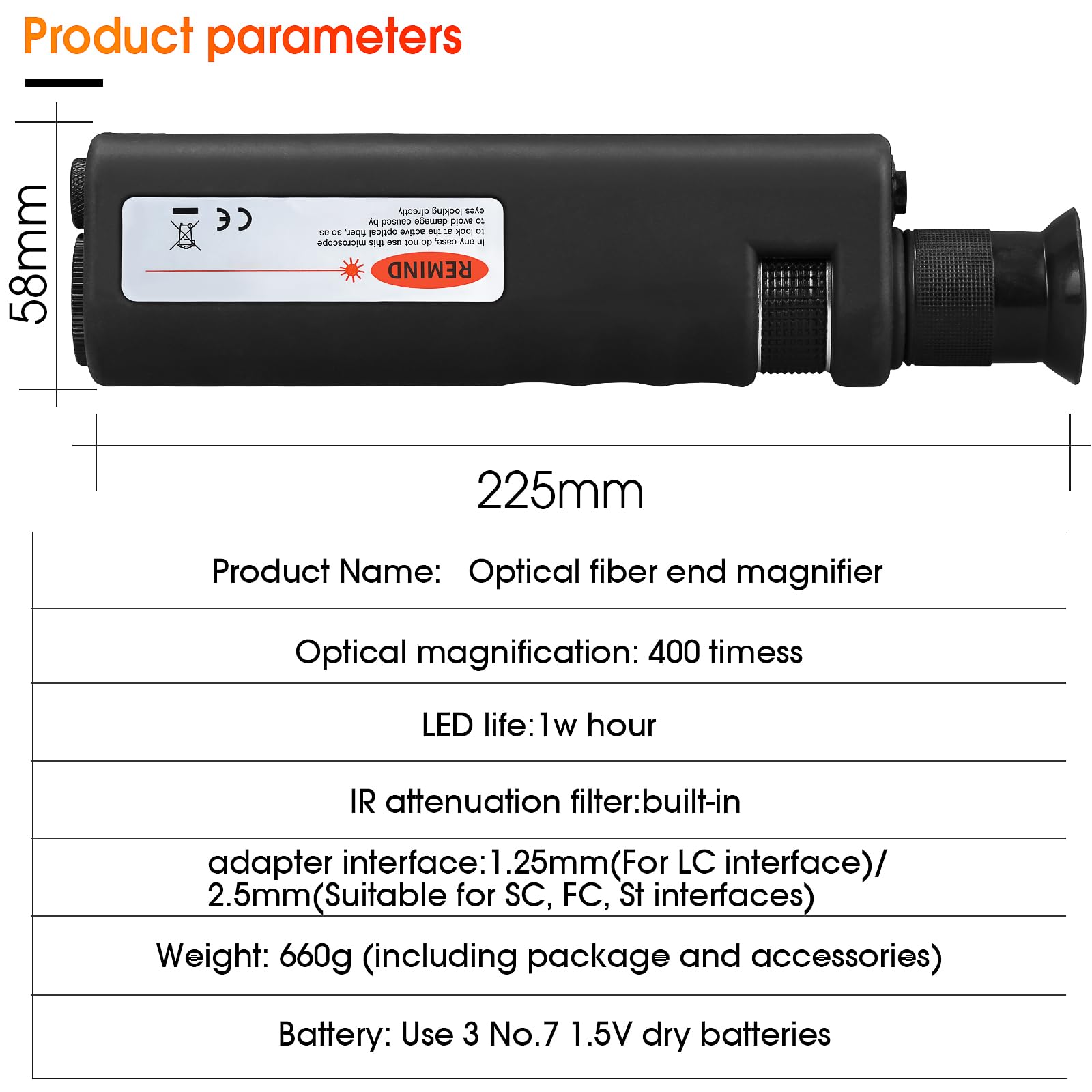 4er-Pack Glasfaser-Mikroskop, 400x, tragbares Faserreinigungsinspektionswerkzeug | Für 2,5 mm SC FC ST und 1,25 mm LC-Adapter, Glasfaser-Stecker-Lupe, LED-Licht-Koaxial-Beleuchtung, Faserbrücken-Endreinigung
