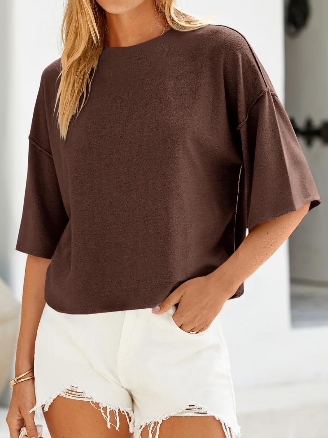 Saodimallsu Womens 3/4 Sleeve Sweaters Lightweight Crewneck Loose Pullover Casual Oversized Fall Knit Tops - Image 2