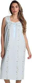 Dreamcrest Women's Sleeveless Nightgown, Floral Embroidered Cotton Blend Waltz Sleep Dress with Button Front