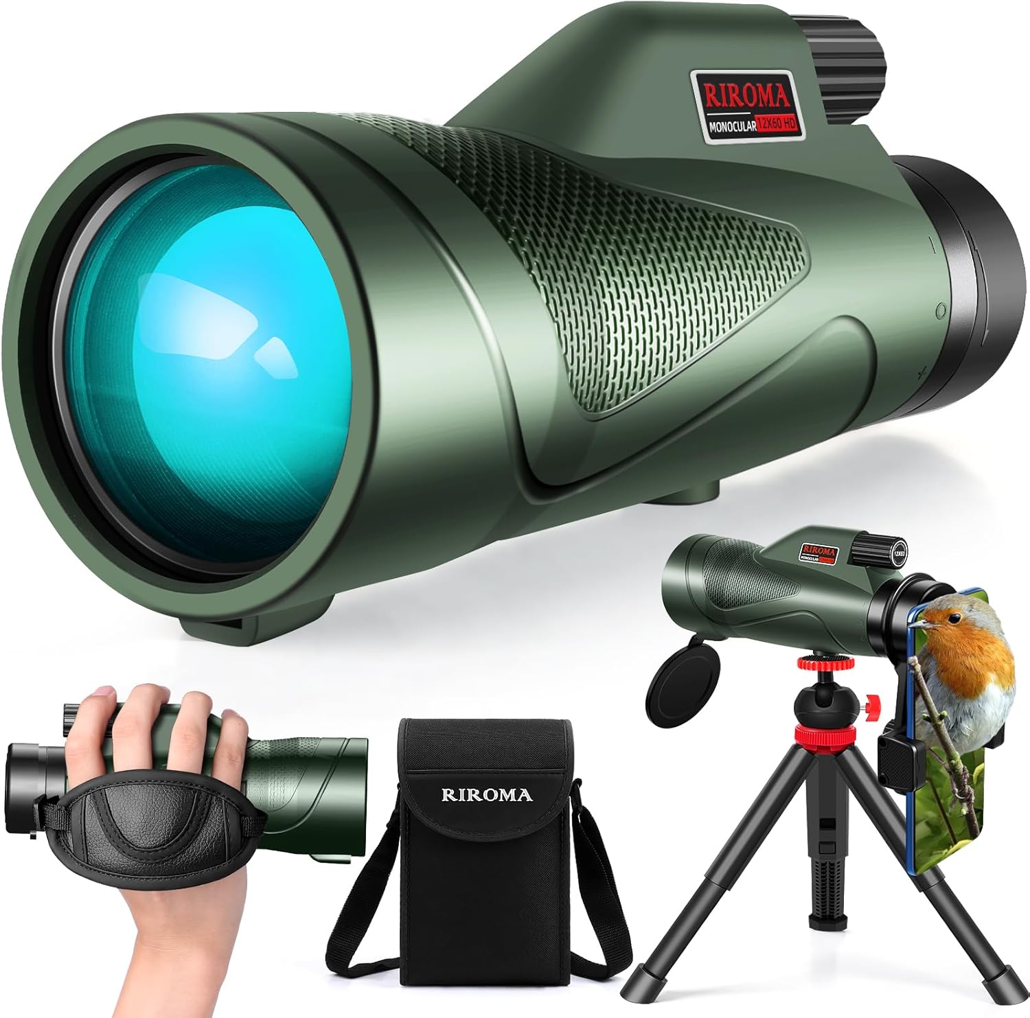 12x60 HD Monocular Telescope with Smartphone Adapter Tripod & Portable Bag, Larger Night Vision Monoculars for Adults with BAK4 Prism & FMC Lens, Suitable for Bird Watching Hunting Hiking Camping