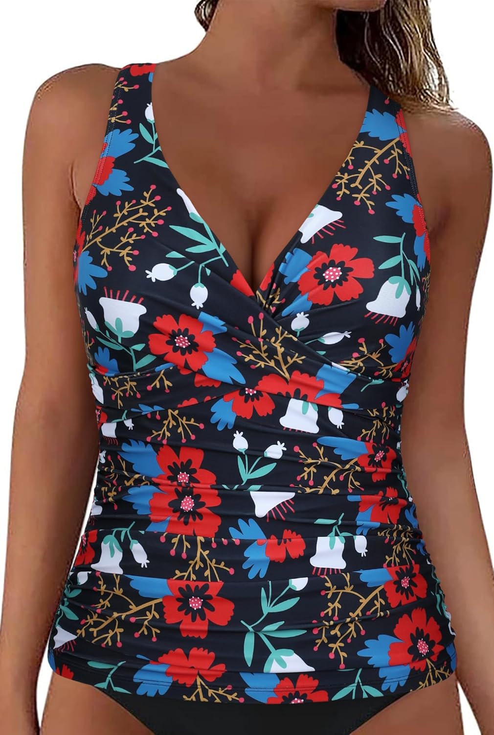 Hilor Women's Underwire Tankini Top Tummy Control Bathing Suits Sexy V Neck Crossover Swim Top Only - Image 3