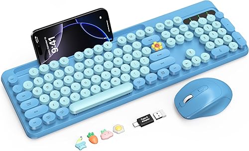Miniatura 21 de Teclado inalámbrico, teclas redondas, teclado de máquina de escribir retro con reposamuñecas desmontable, modo de suspensión, patas plegables,