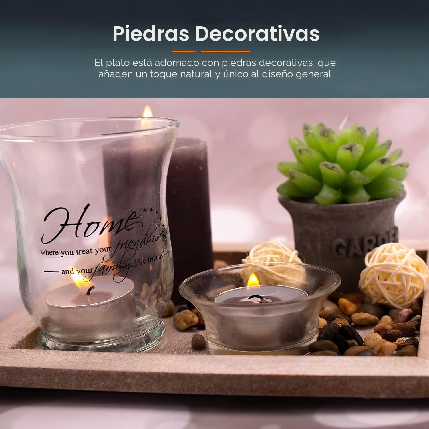 Centro de Mesa Decorativo con Plato y 2 portavelas y Velas – Juego de Piedras Decorativas, de Madera y Cristal, 20 x 20 cm, marrón, para Estudio, Dormitorio, salón