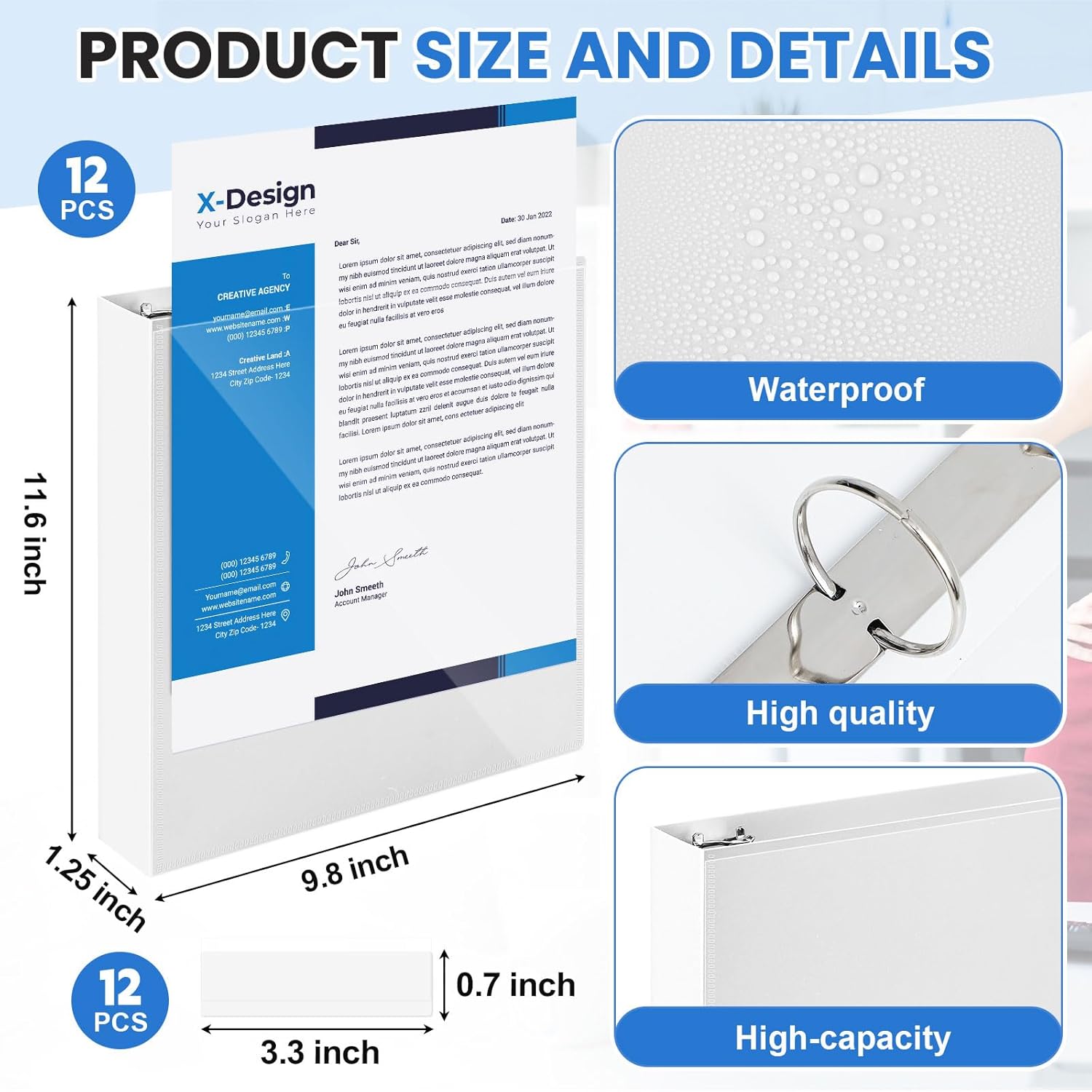 Henoyso 12 Pcs 1 Inch 3 Ring Flexible Poly Binders Bulk, White Plastic Telescoping 3 Ring Binder with Clear Front Cover and 2 Inner Pockets, Holds 240 Sheets 8.5"x11" Paper for School Office Home